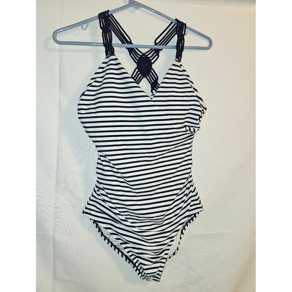 Konal Sol Women's Shirred Macrame Strap One Piece Swimsuit Size M White/Blu Good - Picture 6 of 9